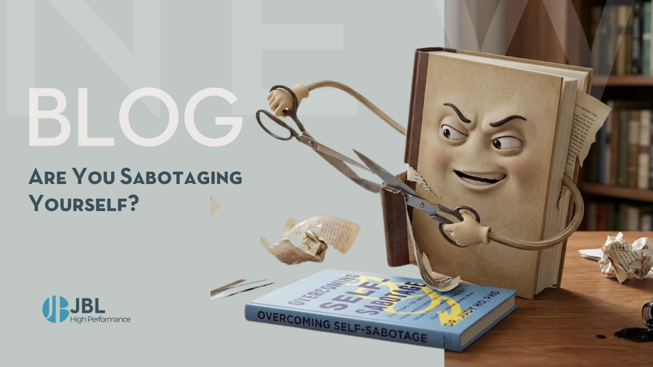 A book with a face and arms cuts up another book titled Overcoming Self-Sabotage, illustrating the concept of self-sabotage in leadership.