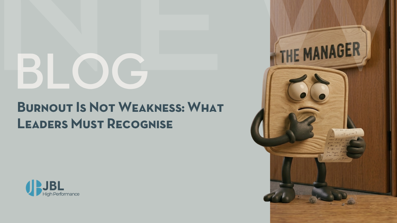 A worried wooden character stands outside a door labelled The Manager holding a note, highlighting the need for leaders to recognise burnout is not weakness.