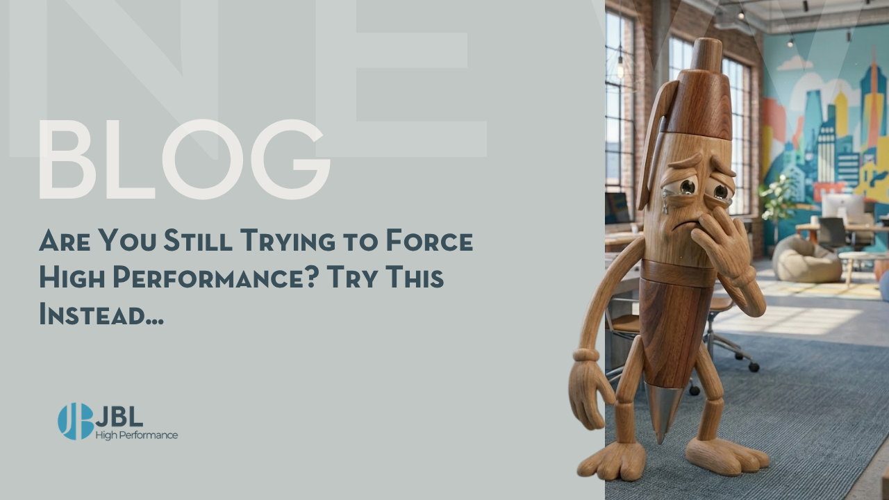 A sad wooden pen character stands in a modern office space beside text about trying new approaches to high performance in leadership.