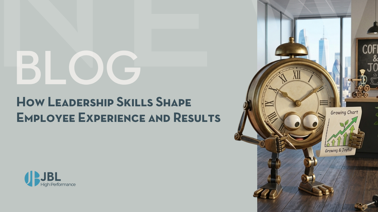 Animated vintage clock character holding a chart with upward growth in a modern office, illustrating leadership impact on employee results