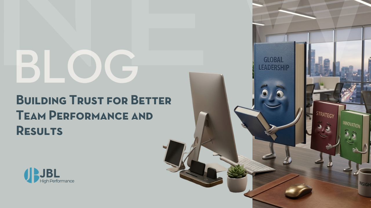 Animated books labelled Global Leadership, Strategy, and Innovation with faces and arms stand on an office desk beside a computer, illustrating teamwork and trust.