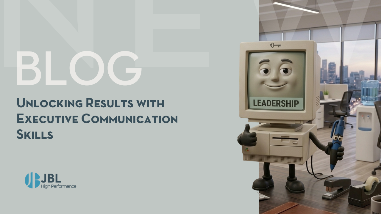 A smiling retro computer character labelled leadership holds a pen and gives a thumbs up in a modern office, illustrating executive communication.