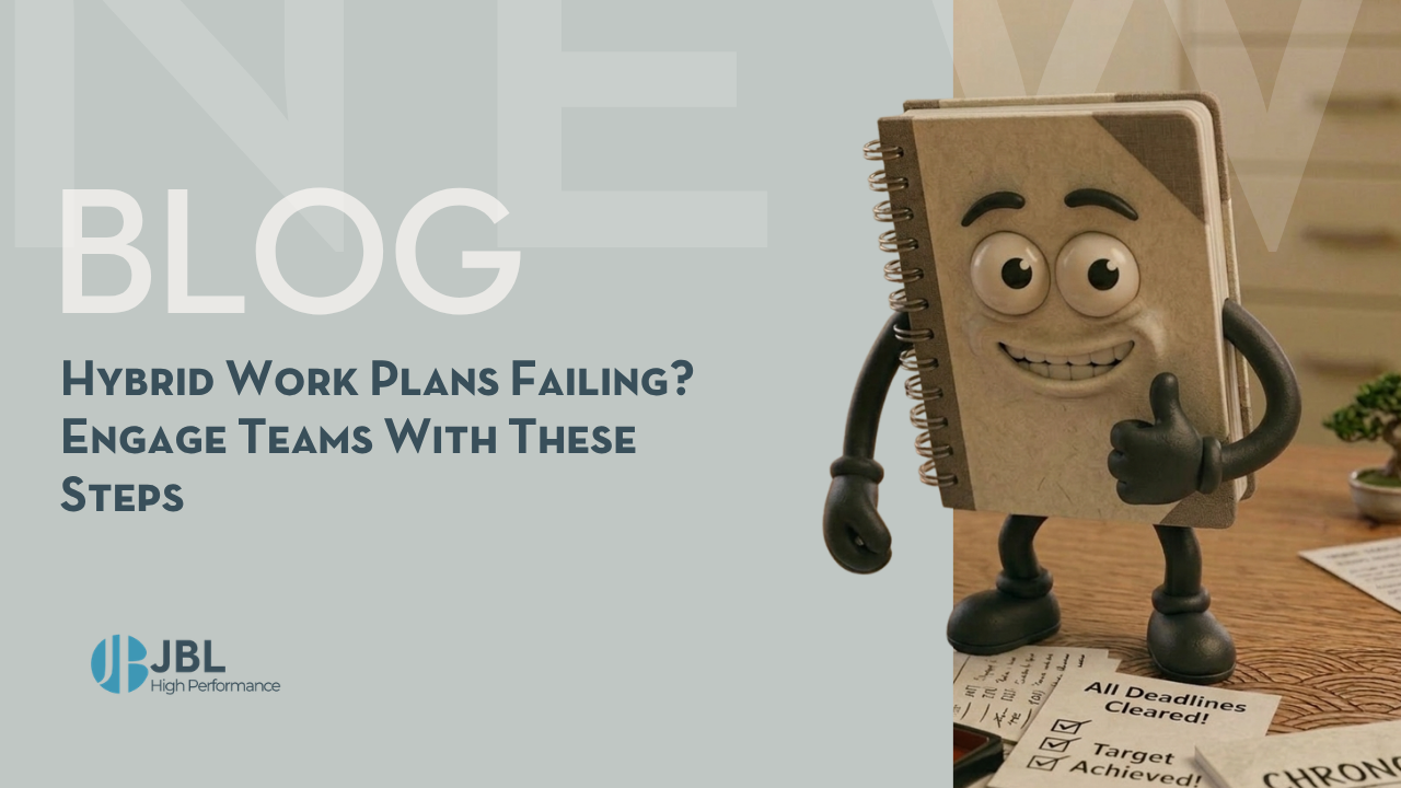 Smiling animated notebook giving thumbs up beside text about hybrid work plans failing and engaging teams with steps on a leadership consultancy blog