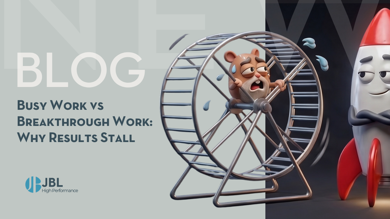 A stressed hamster runs on a wheel sweating while a confident rocket stands nearby, illustrating the difference between busy work and breakthrough work.