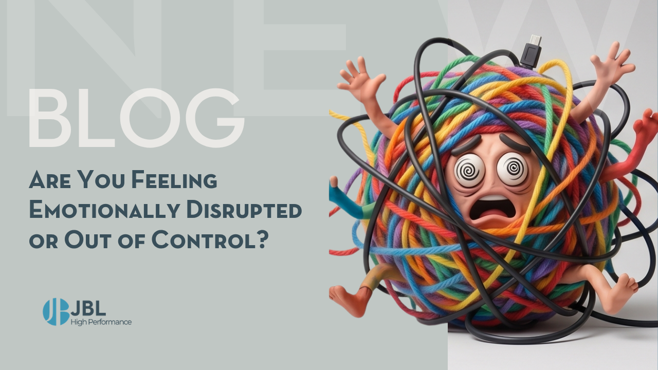 A distressed cartoon face tangled in colourful yarn and black cables illustrates feeling emotionally disrupted or out of control in a leadership context.