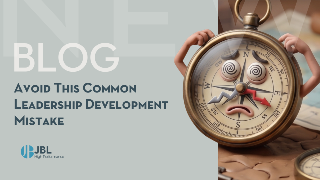 A distressed compass with a worried face and swirling eyes symbolises confusion in leadership direction alongside the blog headline about avoiding common mistakes.