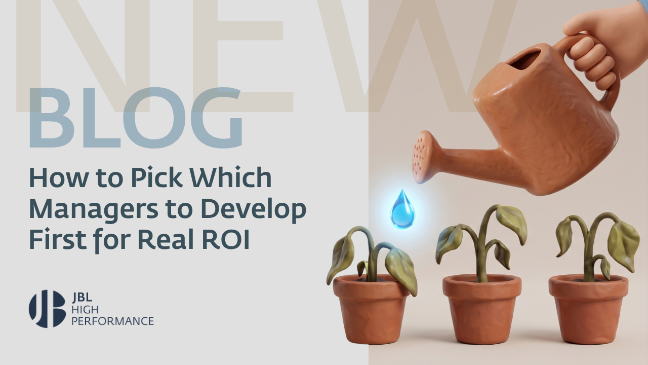 A hand waters one of three wilting plants with a watering can symbolising nurturing managers for growth and real return on investment.