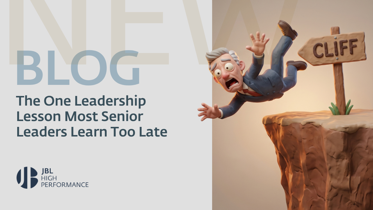 A worried senior leader in a suit is falling off a cliff next to a wooden sign reading cliff, illustrating a critical leadership lesson learned too late