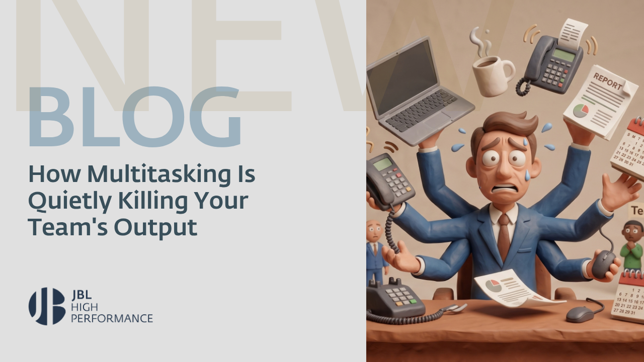 Stressed office worker with multiple arms juggling a laptop, phone, coffee, reports, and calendar, illustrating multitasking challenges.