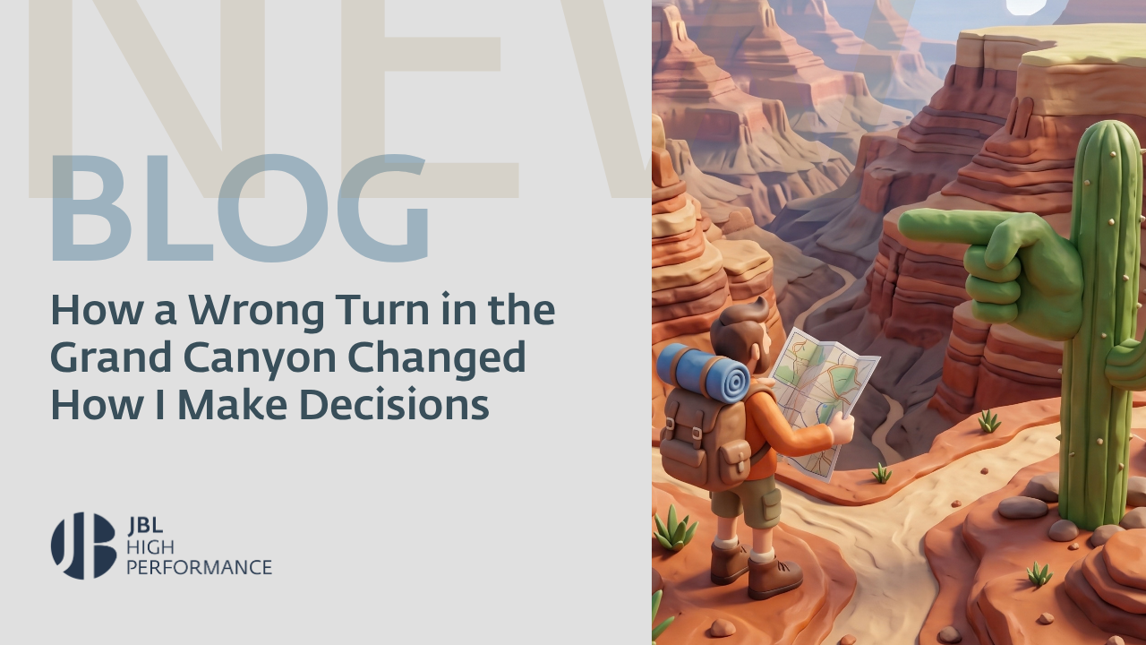 A hiker with a backpack studies a map at the edge of the Grand Canyon while a cactus shaped like a pointing hand directs the way, symbolising decision making.