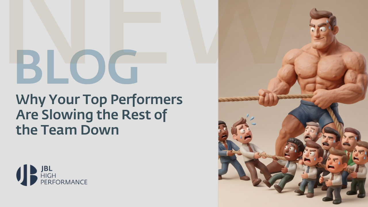 A muscular man effortlessly pulls a rope against a group of smaller, struggling office workers, illustrating team imbalance and performance challenges.