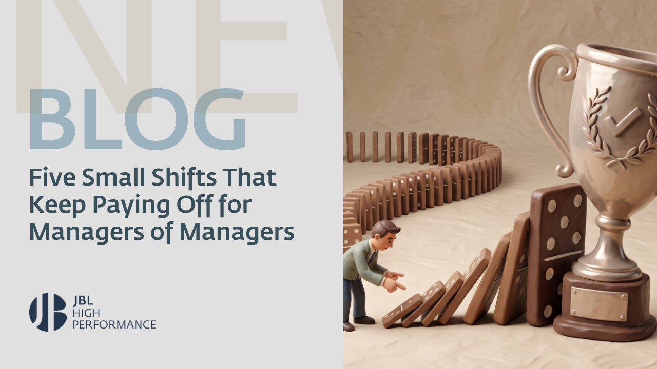 A figure stops a line of dominoes from falling, symbolising small leadership actions that create lasting positive effects for managers of managers.