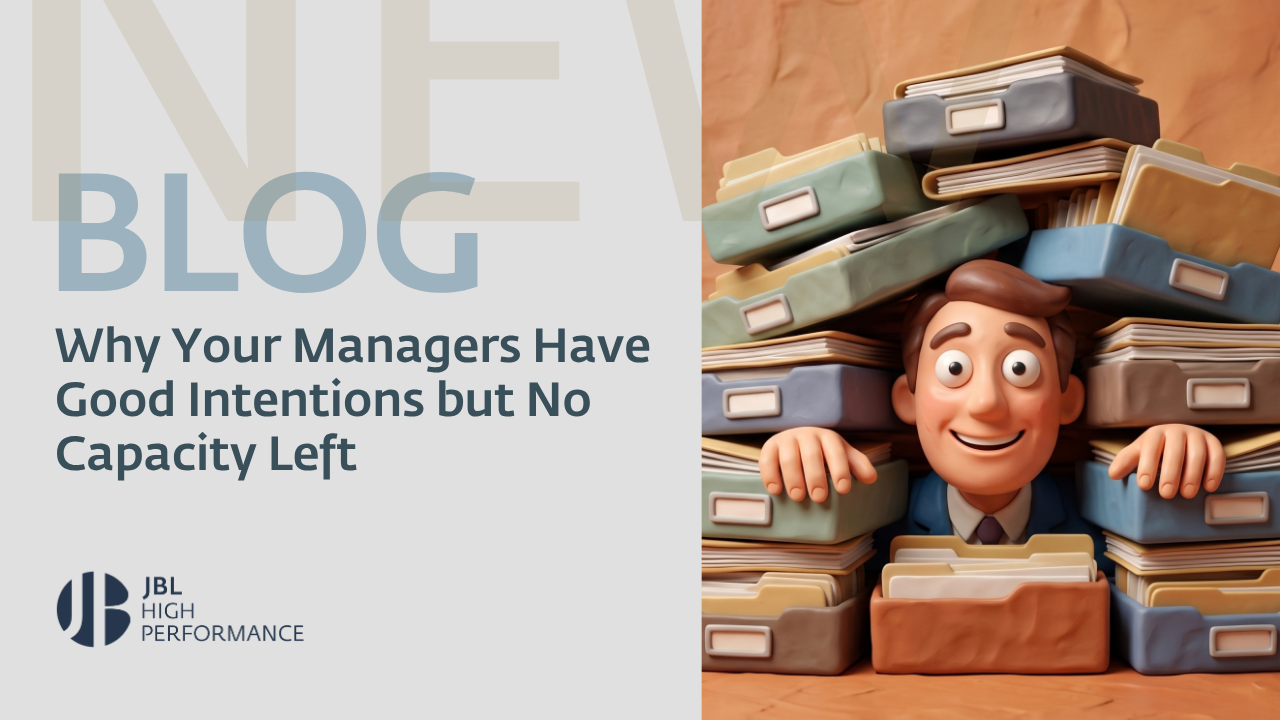 Smiling cartoon manager overwhelmed by towering stacks of colourful file folders symbolising workload and limited capacity despite good intentions
