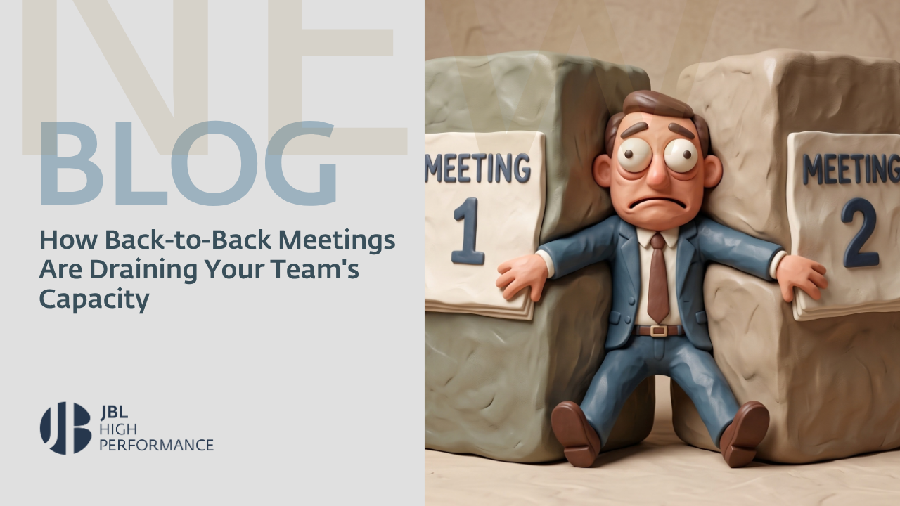 A stressed cartoon businessman trapped between two large blocks labelled Meeting 1 and Meeting 2 illustrates the strain of back-to-back meetings on team capacity.