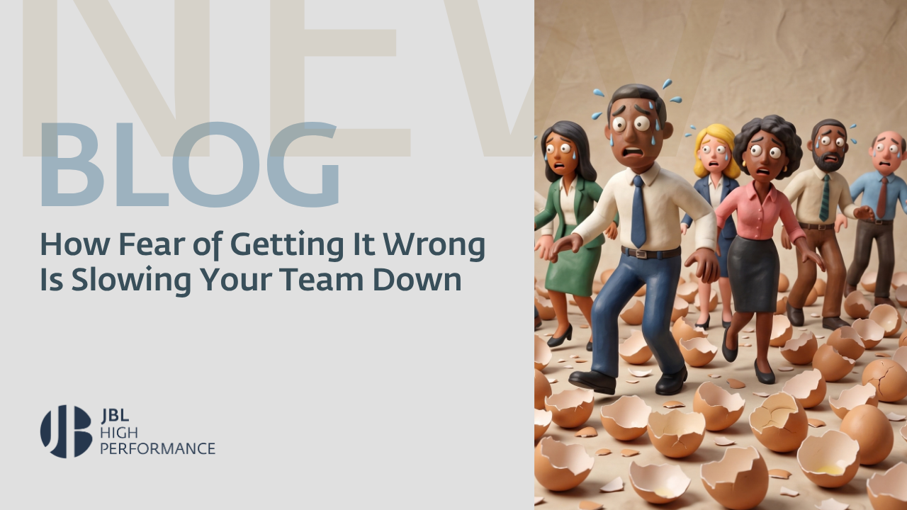 A diverse team nervously tiptoeing through a floor covered in broken eggs symbolising fear of making mistakes slowing progress